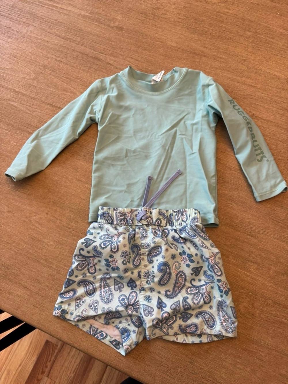 Bundle Rugged Butts Seafoam Rash Guard Set with Paisley Swim Shorts